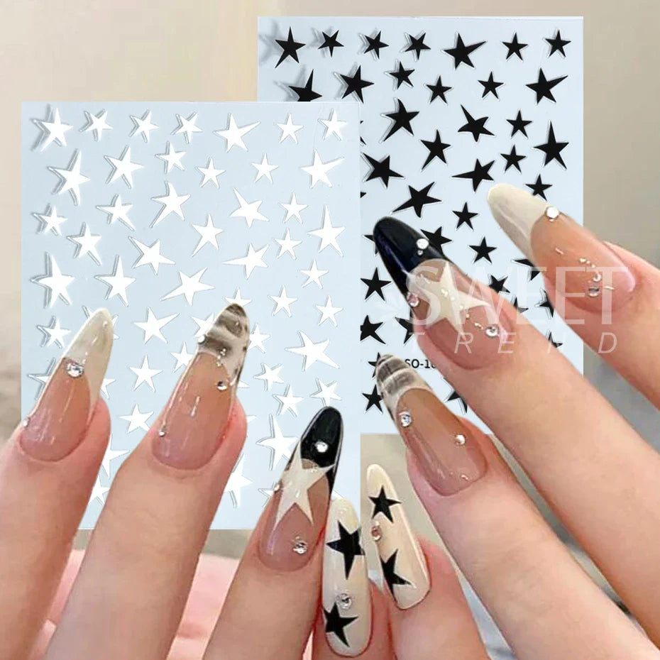 JazzHer 3D Pink Sliver Stars Nails Stickers Bronzing Laser White Y2K Adhesive Kawaii Star Series Sliders Decals Manicure Decorations