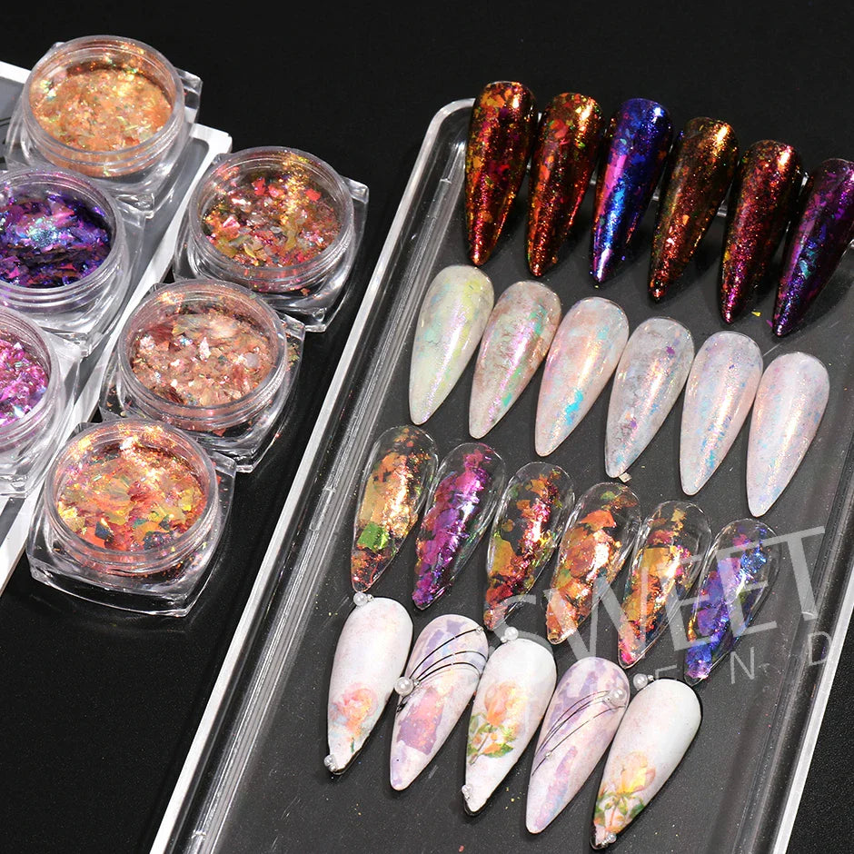 JazzHer 6Box Flashy Aurora Opal Flakes For Nails Holographic Fire Cloud Brocade Powder Sequins Crystal Paillettes Manicure Decor LYYFH-A