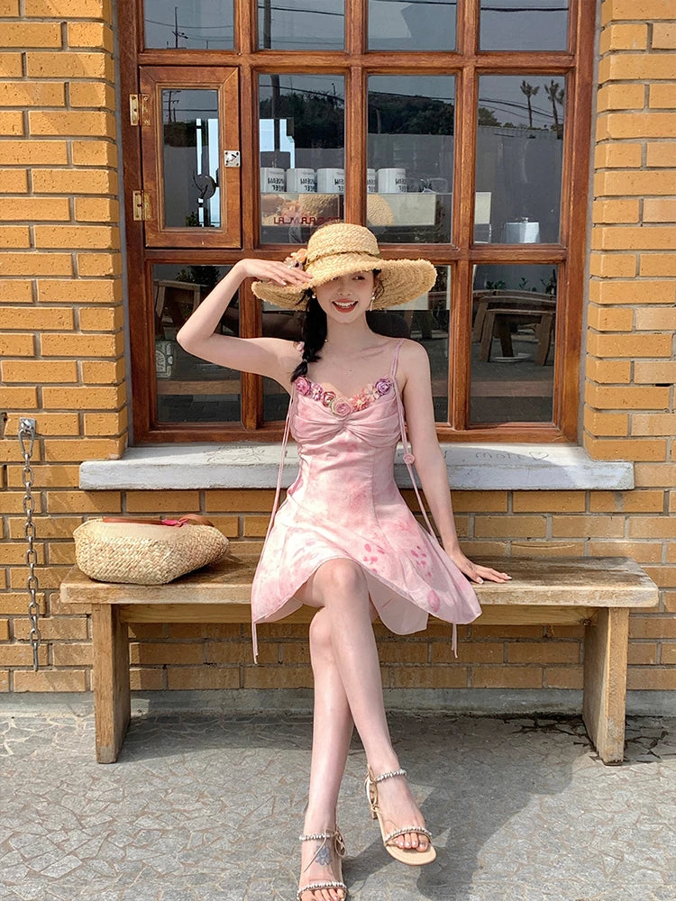 JazzHer French Retro Elegant Chiffon Midi Dress Women Casual Light Pink Printed Sleeveless Dress Beach Fashion Vintage Chic Summer 2024