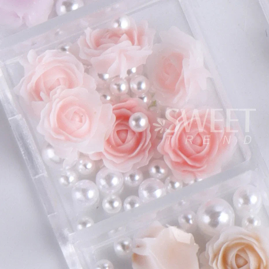 JazzHer 12Grids Champagne Rose Flower 3D Nail Charms Mixed Pearl Beads Nail Art Decoration Part Jewelry Rhinestone Manicure Accessories