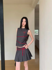 JazzHer Summer Women Vintage Old Money 2000s Aesthetic Outfits 2 Piece Set Striped Tank Tops + A-line Mini Pleated Skirts Korean Fashion