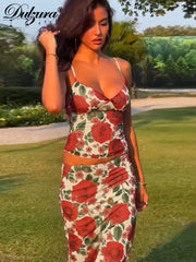 JazzHer Floral Printed Sexy Matching Suits Camisole Tops Maxi Dress Sets Women Outfits Summer Evening Party Club Streetwear Y2K