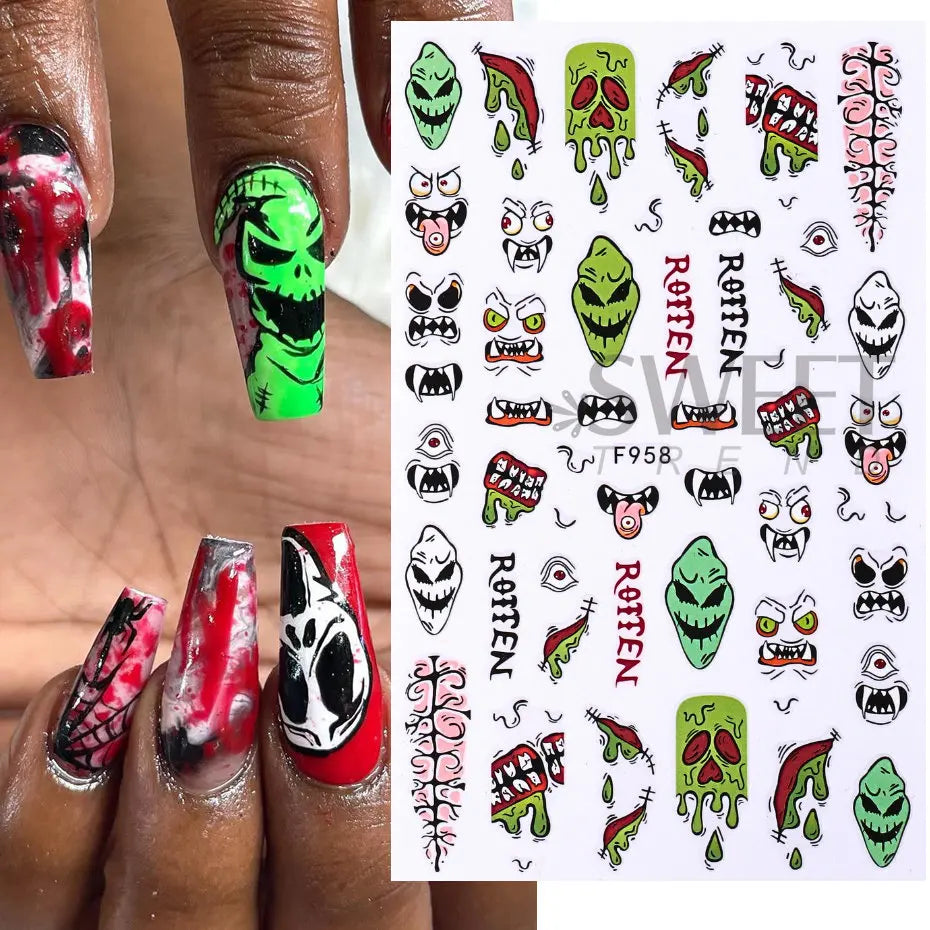 JazzHer 3D Snake Design Nail Stickers Black Evil Eye Tiny Skull Ghost Flower Design Sliders For Halloween Manicure Nail Art Decoration