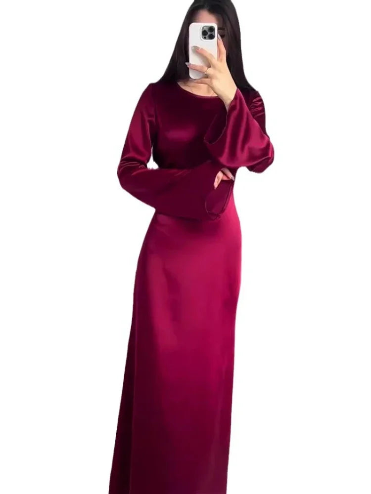 JazzHer Satin Muslim Dress Women Party Dresses Abaya Jalabiya Bandage Morocco Dubai Islam Eid Vestidos Arab Solid Caftan Long Robe 2024