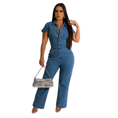 JazzHer Women Jeans Full Length Jean Overalls Denim Washed Wide Leg Pants Loose Pockets High Street Solid Single Breasted Vintage