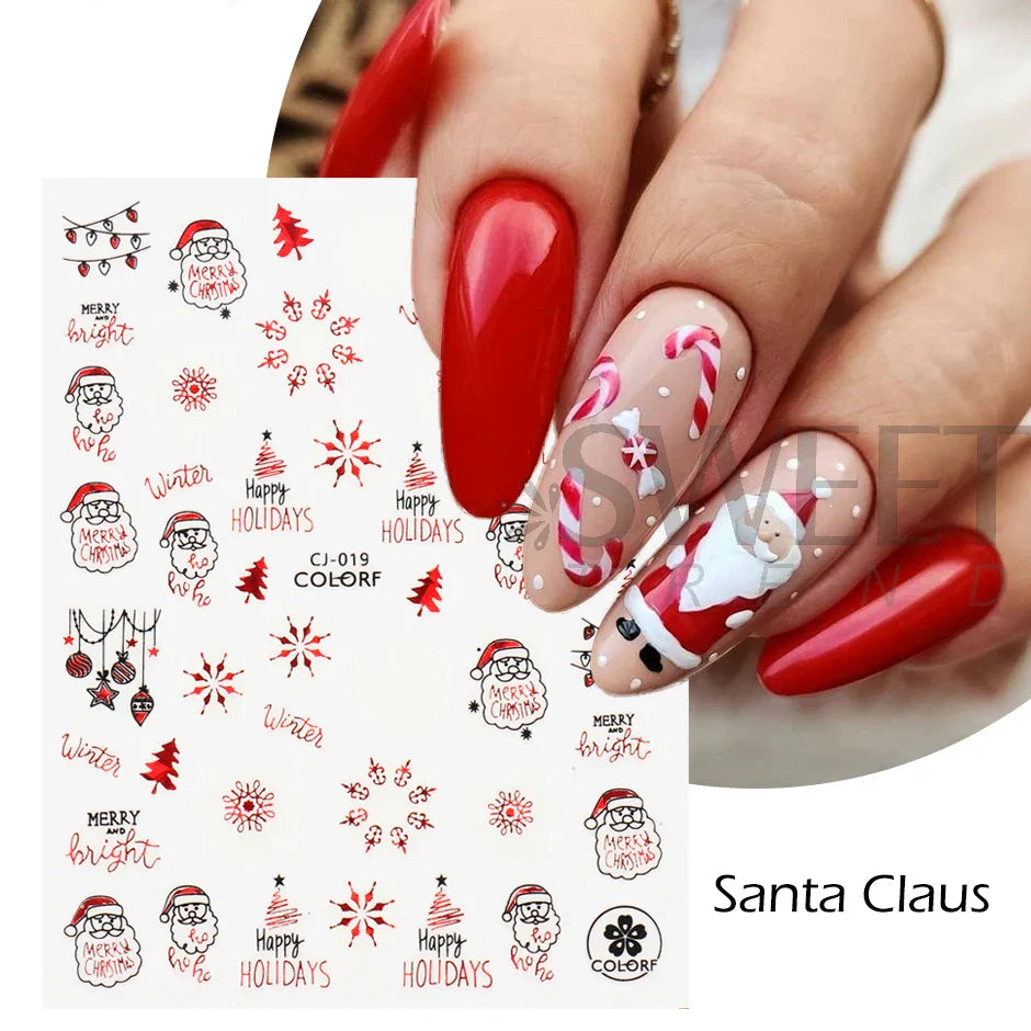 JazzHer Laser Red Christmas Nail Art Stickers 3D Cartoon Santa Snowman Xmas Tree Adhesive Sliders Winter New Year Manicure Decor LYCJ027