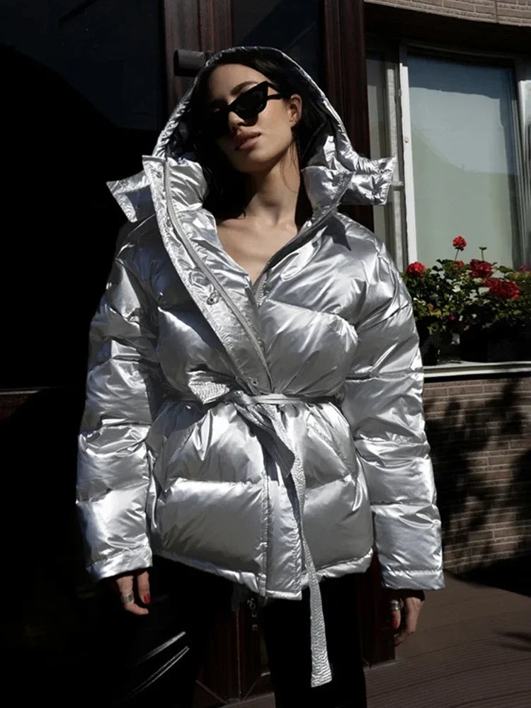 TARUXY Glossy Hooded Cotton-Padded Jacket For Women Sports Outdoor Bread Clothing Warm Autumn Winter Casual Cotton Coat Loose