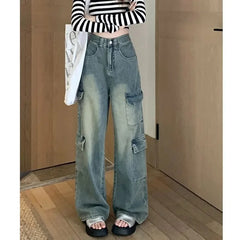 JazzHer Women Vintage Jeans Wide Leg Pants High Waist Pockets Button Zipper Fly Basics Full Length Streetwear Denim Straight Trousers