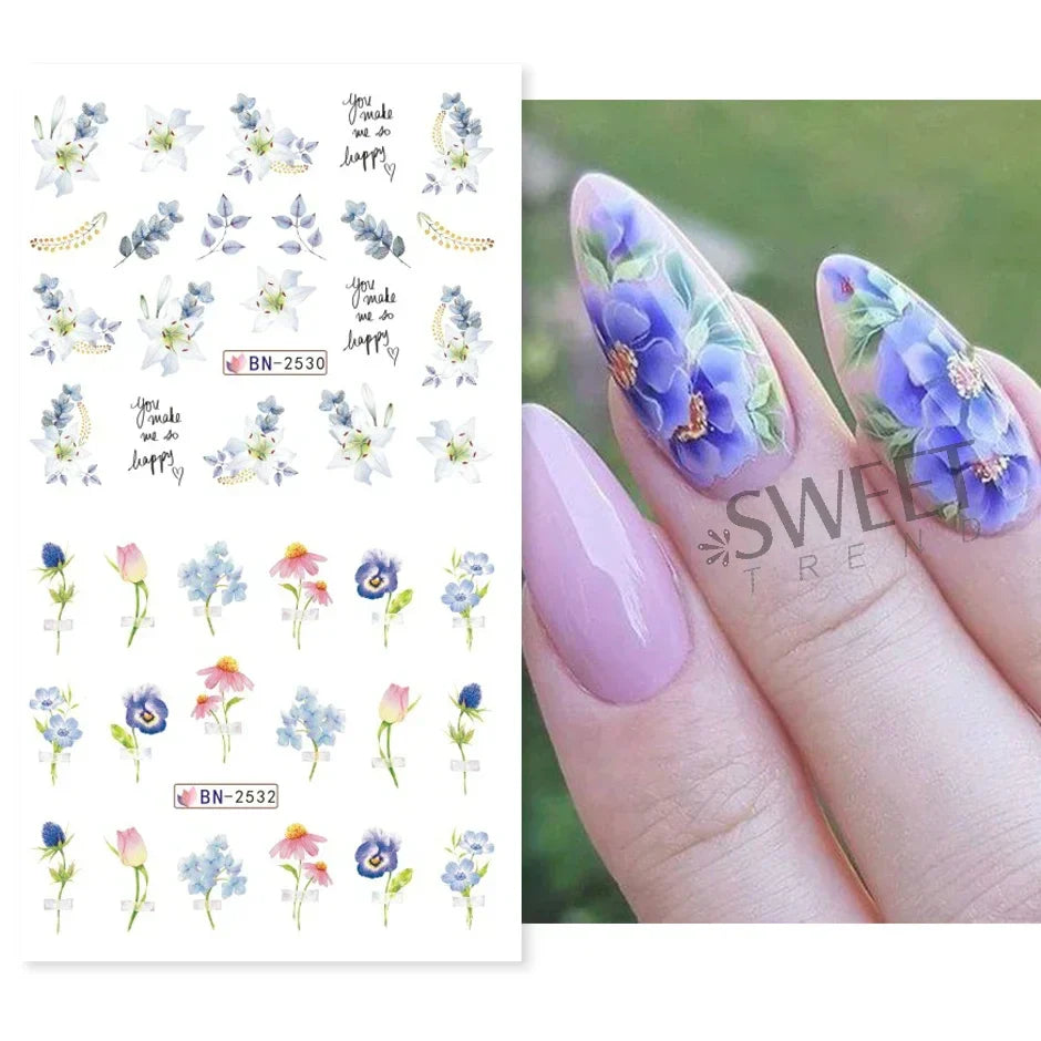 JazzHer Spring Watercolor Flowers Stickers For Nail Blooming Leaves Floral Transfer Sliders DIY Bouquet Design Manicure Foils Decal LYBN