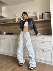 JazzHer- Y2K Blue Cargo Jeans Women Vintage Streetwear Multiple Pockets Denim Pants Oversized High Street Hip Hop Baggy Trousers