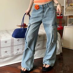 JazzHer Vintage Spliced Women Jeans Cargo Pants Washed Solid Denim Pant Full Length Loose Distressed Streetwear Straight 2024 Pockets