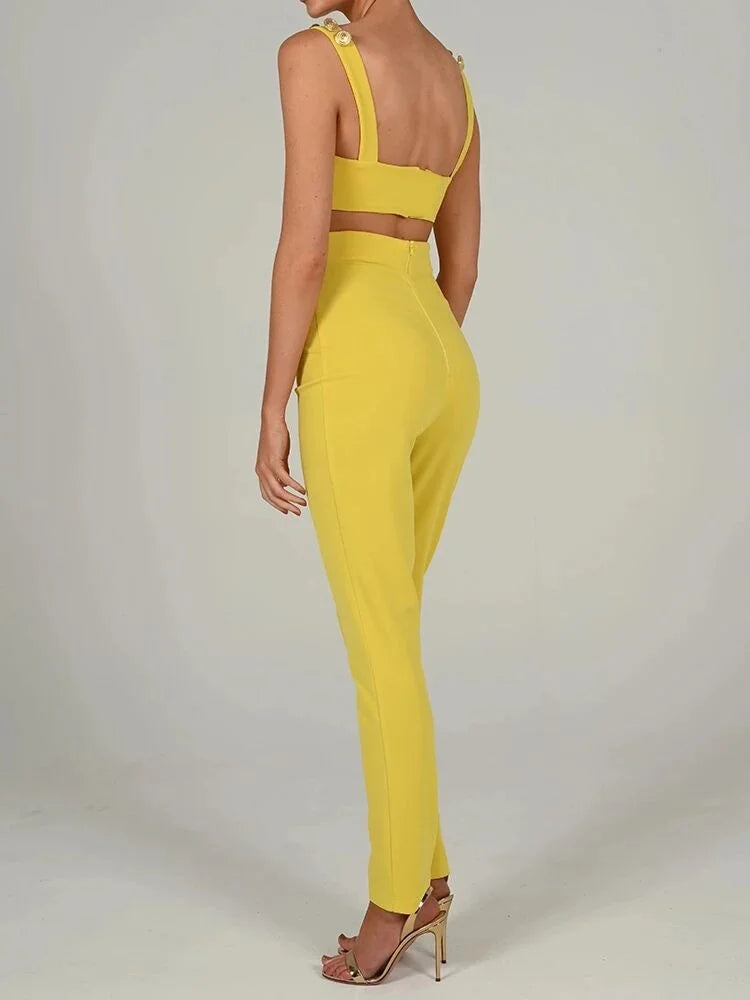 JazzHer Elegant Two Piece Set Women Outfits Summer Sleeveless Crop Top And Pants Matching Sets Female Sexy Party Club pants Set