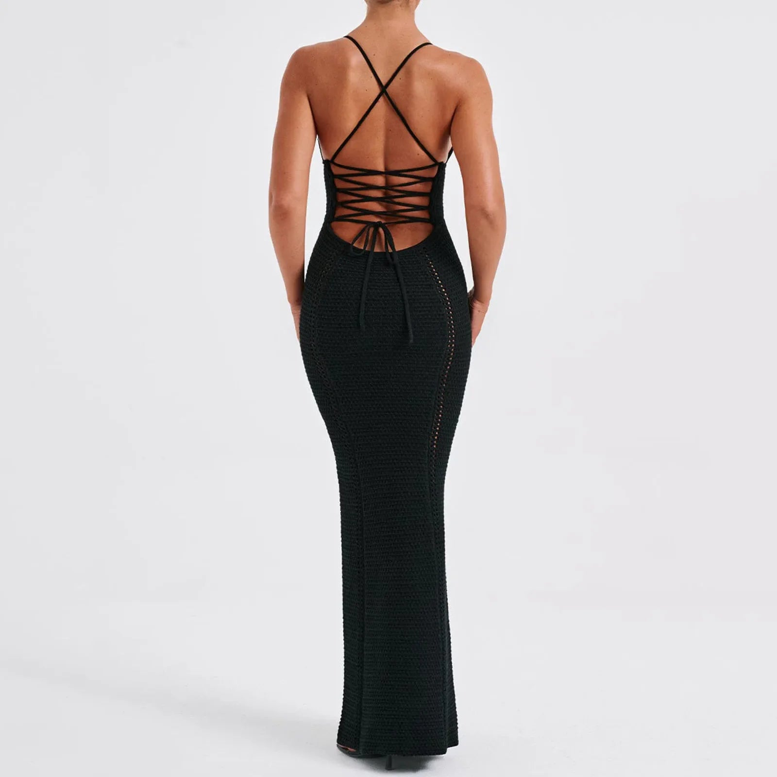 JazzHer Women Summer Spaghetti Strap Knitted Corset Dress Ribbed Hollow V-Neck Low Cut Backless Sleeveless Bodycon Dress 2024