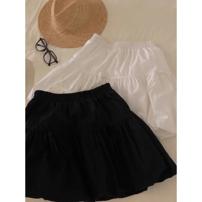 JazzHer Korean Bow Lace-up Loose Casual A-line Skirt Women 2024 Summer New High Waist Pleated Solid Color All Match Bud Skirt