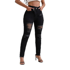 JazzHer Women Jeans High Waist Pencil Pants Holes Denim Slim Fit Pockets Sexy Streetwear Solid Sheath Distressed Ankle Length 2024