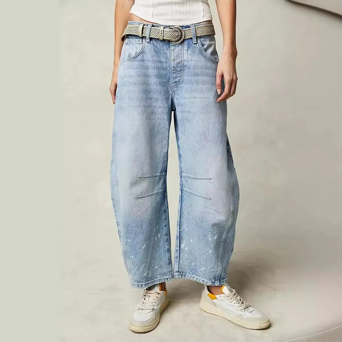 JazzHer Women Jeans Denim Wide Leg Pants Ankle Length Washing Pockets Mid Waist Distressed Spliced High Street Solid Loose Fit 2024