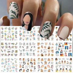 JazzHer 12Pcs/Set Woman Face Design Abstract Nail Art Stickers Flower Letter Leaf Sliders Decals DIY Manicure Decoration Water Stickers