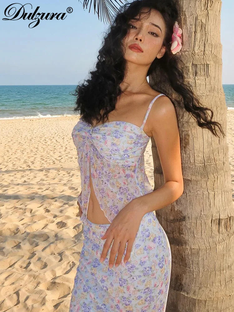 JazzHer Floral Print Matching Suit Sexy Spaghetti Straps Top Mesh Camisole Y2K Maxi Dress Sets 2024 Summer Beach Club Streetwear