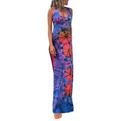 JazzHer Women Summer Y2k Tie Dye Long Dress Sexy Sleeveless Open Back Bandage Colorful Dress Floral Print Beach Party Vestido