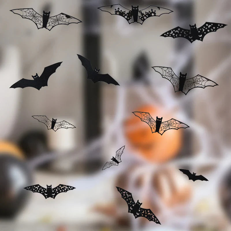 JazzHer Mini Halloween 3D Hollow Bat Wall Stickers Black Bat Sticker Room Decor Party DIY Decals Halloween Horror Bats Removable