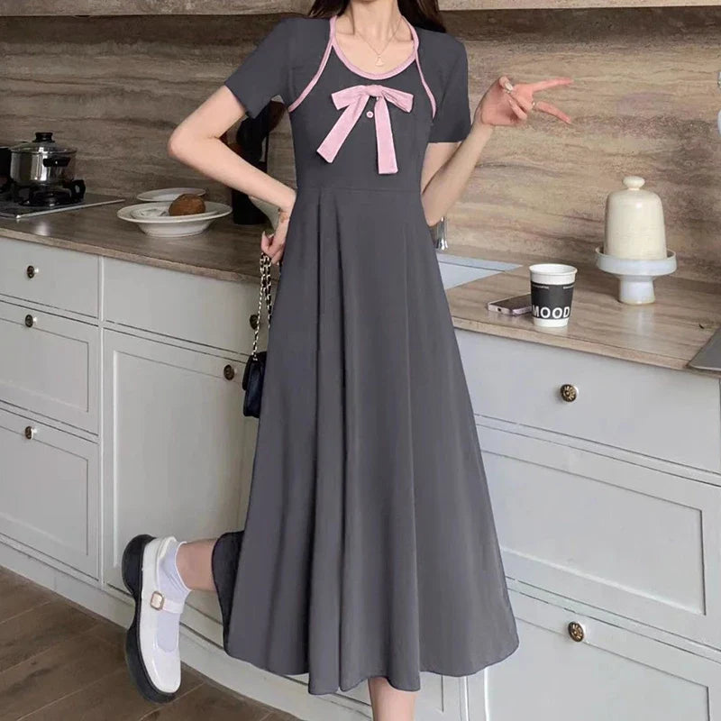 JazzHer French Style Sweet Bow Fashion Women Dress for Women Slit Fairy Slim Fit Dress Tighten The Waist 2024 New Spring Summer Dress