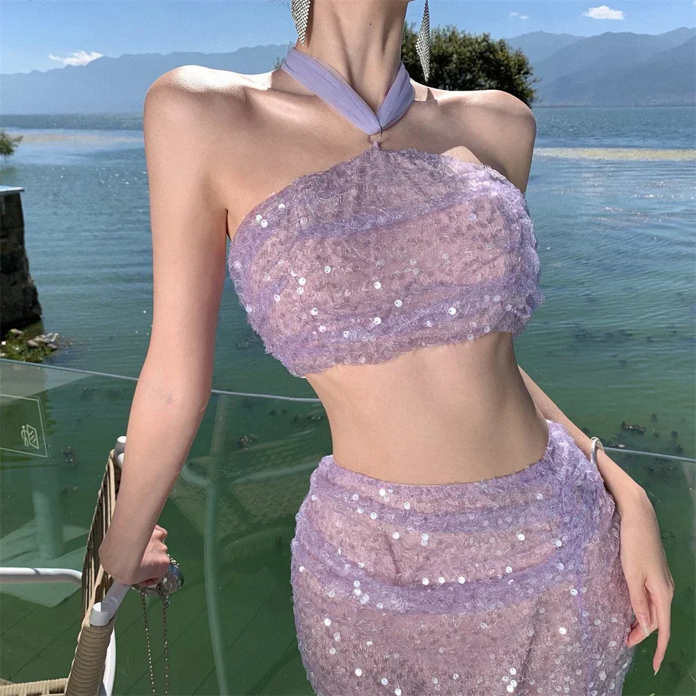 JazzHer-2024 New Summer Purple Sequin Set for Women Sexy Split Half-body Dress Beach Holiday Casual Elegant 2 Pieces Female Clothing