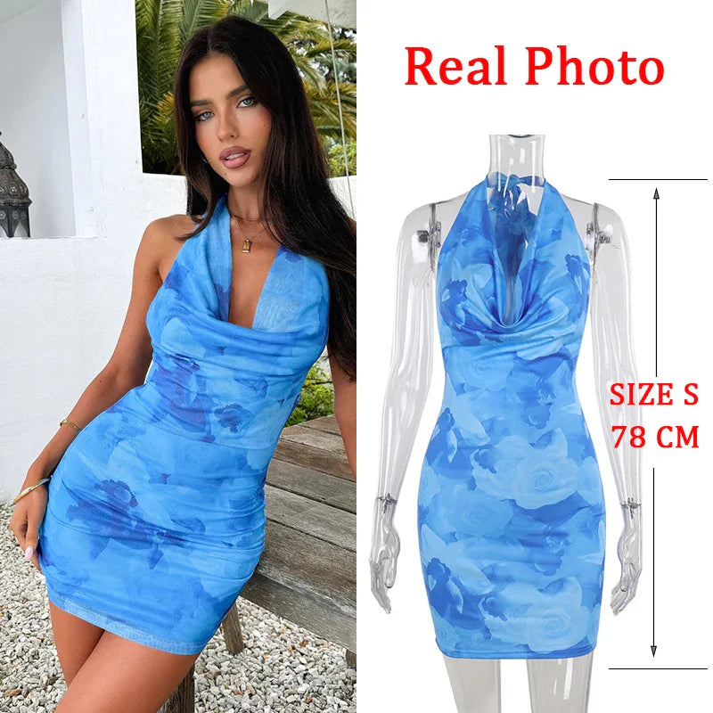 JazzHer 2025 Print Halter Pleated Holiday Casual Dress Women Sleeveless Elegant Sexy Dress Bodycon Mini Summer Dress Vestidos