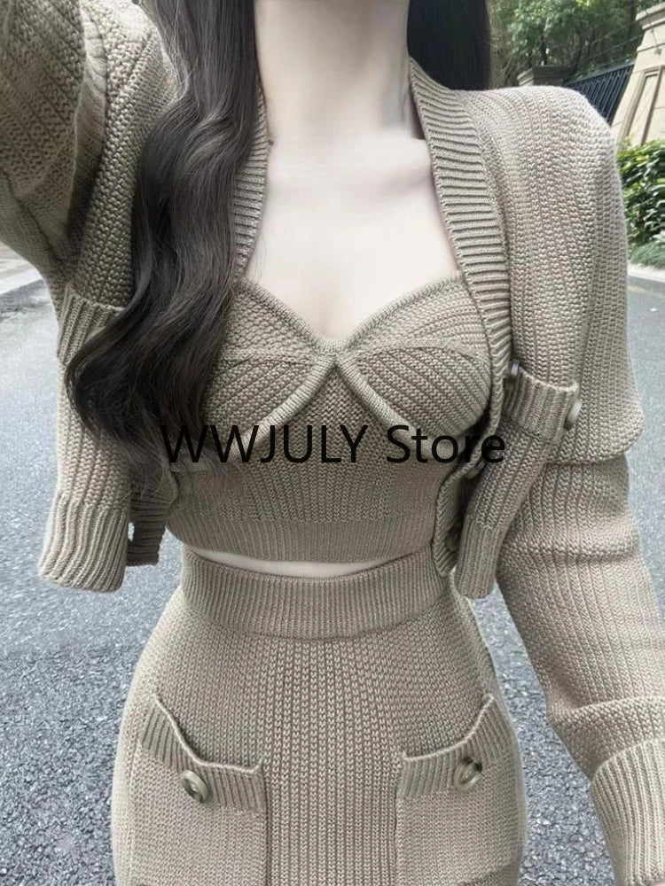 JazzHer 2024 Fall Fashion Elegant Knitted 3 Piece Set Woman Fashion Suit Casual Sweater Cardigan + Sexy Vest + Slim Bodycon Midi Skirt Office Lady 2024