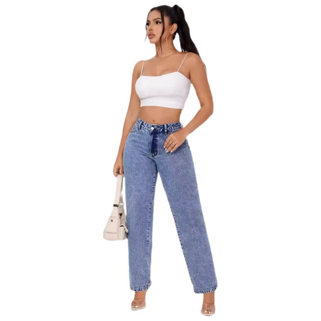 JazzHer Solid Women Jeans Straight High Waist Ankle Length Pants Denim Vintage Washed Jean Loose Fit Pockets Autumn 2024 Zipper Fly