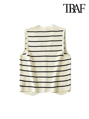 JazzHer Women Fashion Front Button Striped Knit Vest Sweater Vintage V Neck Sleeveless Female Waistcoat Chic Vest Tops