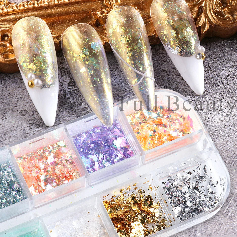 JazzHer Crystal Fire Flakes Nails Art Glitter Iridescent Aurora Gold Leaf Paillettes Pigment Translucent Polish Pollen Decorations LYOBW