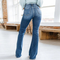 JazzHer Women Jeans High Waist Flare Pants Spliced Denim Washing Pockets Solid Loose Fit Ankle Length Slight Strech Streetwear