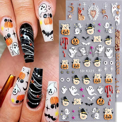 JazzHer 5D Glitter Halloween Embossed Nail Stickers Decals Pumpkin Spider Web Ghost Bone Nail Art Gel Sliders Embossed Manicure Deco