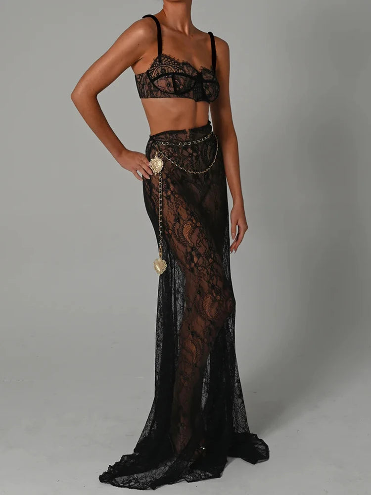 JazzHer See Through Lace Two Piece Skirt Sets Women Crop Top And Maxi Skirt Sets Elegant Party Beach Sexy Two Piece Set