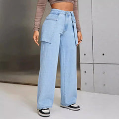 JazzHer Wide Leg Denim Pants Spliced Washed Pockets Cargo Jean Loose Solid High Waist Women Distressed Safari Style Jeans Autumn