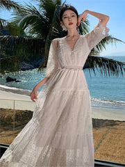 JazzHer French Lace Long Dresses for Women Summer White Party Dress Beach Style V-neck A-line Elegant Prom Robe Wedding Vestidos Mujer