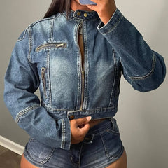 JazzHer Tracksuit Matching Sets Sexy Denim Spliced Shorts Long Sleeve Zipper Distressed Washed Jackets Short Sets Skinny Streetwear