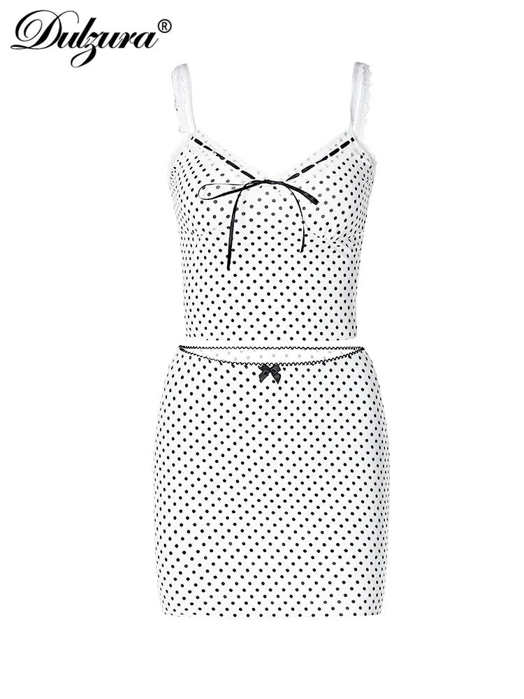 JazzHer Matching Suit Polka Dots Spaghetti Shoulder Straps Crop Top Sleeveless Bow Ties Mini Skirt 2024 Co Ords Set Clubwear