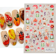 JazzHer 3D Red Maple Cotton Nail Art Stickers Mushroom Geometry Flowers Leaf Pattern Watercolor Winter Decals Decoration Foils Tips LYNO