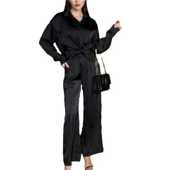 JazzHer Women Tracksuit Pant Sets Long Sleeve Blouses Single Breasted Wide Leg Pants Pockets High Street Solid Button Loose 2024