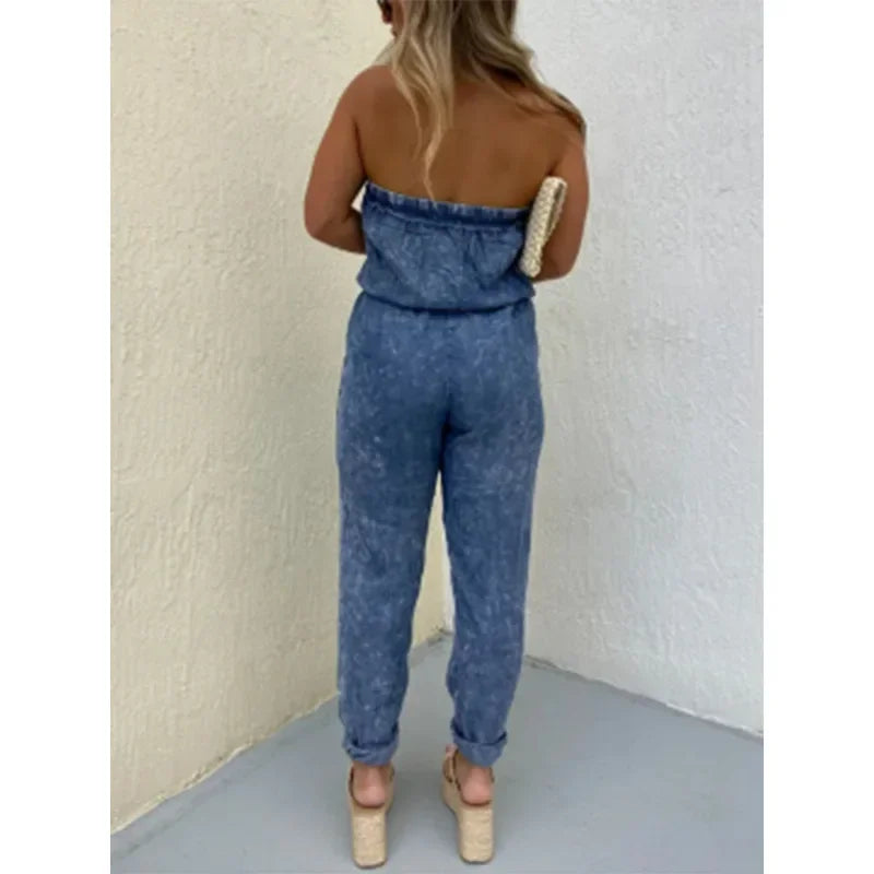 JazzHer Women Jumpsuits One Piece Strapless Denim Jeans Overalls Solid Pencil Pants Pockets Spliced Sexy Slim Fit High Street 2024