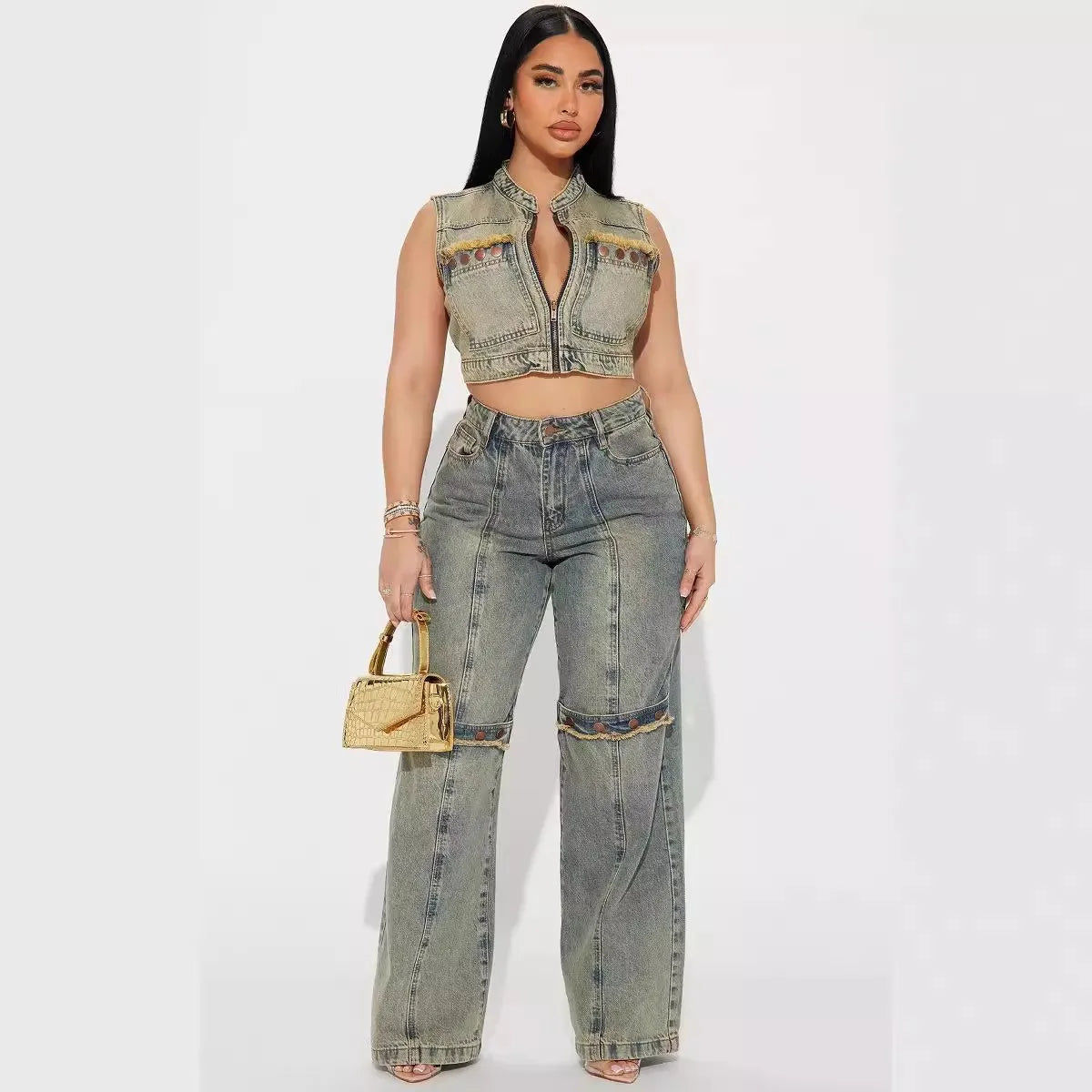 JazzHer Button Spliced Women Jeans Full Length Straight Pants Distressed Washed Pockets Streetwear Loose Fit Denim Mid Waist Vintage