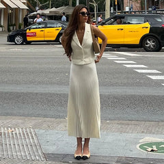 JazzHer Summer New Pleated Skirt Suit For Women Slim Sleeveless Short Vest Top Solid Long Skirt High Waist Fashion Two Pieces Set