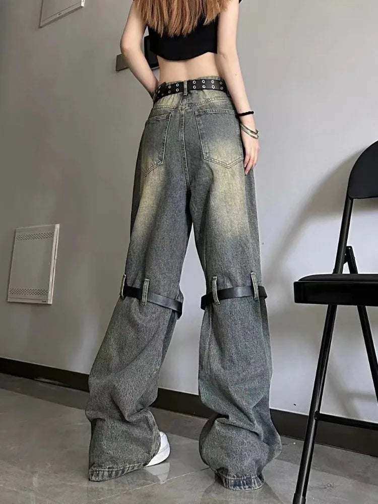 JazzHer American New Old Strap Stitching Hole Micro-La  Baggy Jeans Female Y2K Fashion High Design Relaxed Casual Straight Wide-leg Pant