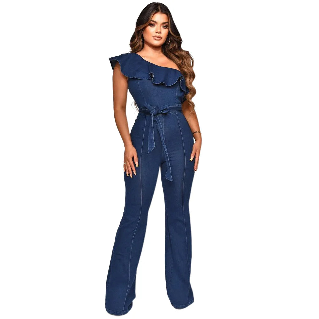 JazzHer Spliced Ruffles Vintage Jeans Overalls Washed Full Length Jean Wide Leg Denim Pants Distressed Solid 2024 Casual Skew Collar