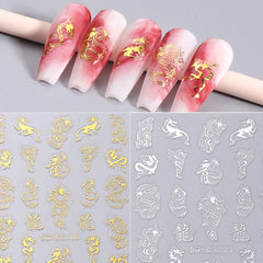 JazzHer 3D Bronzing Laser Silver Dragon Nail Sticker Gold Letter Dragon Design Holographic New Year DIY Manicure Decals Nail Decorations