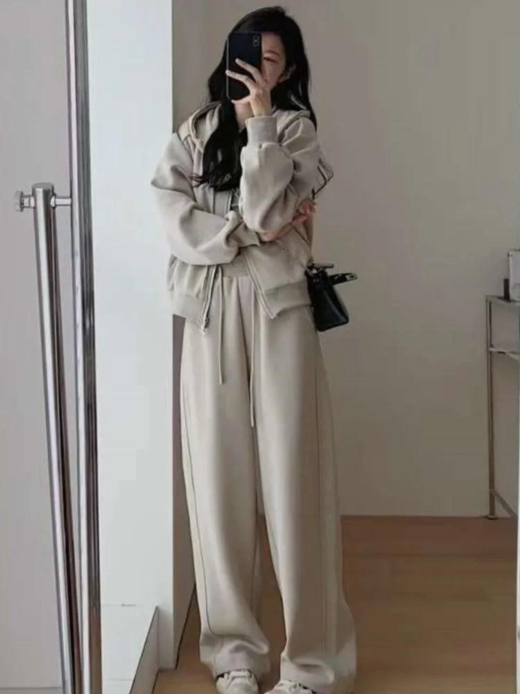 JazzHer 2024 Fall Fashion Loose Pant Set 2 Piece Sets For Women Basics Long Sleeve Hoodies Coat Wide Leg Pants Solid Casual Fashion Suit Spring Autumn New