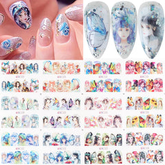 JazzHer 12 Designs Charm Anime Girl Nail Water Decals Goddess Winter Sticker Butterfly Fairy Sliders Manicure Accessories LYBN1657-1668