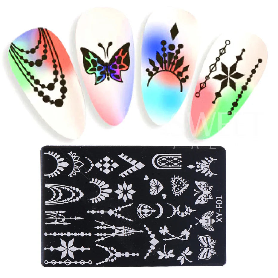 JazzHer Nail Art Stamping Plate Butterfly Feather Designs Geometry Flower Drawing Printing Stamp Templates Nail Charm Mold Stencil Tools