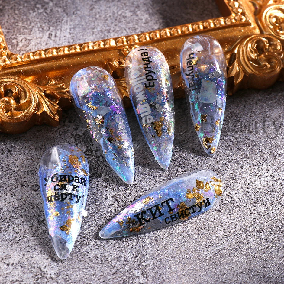 JazzHer Crystal Fire Flakes Nails Art Glitter Iridescent Aurora Gold Leaf Paillettes Pigment Translucent Polish Pollen Decorations LYOBW